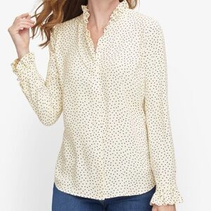 Talbots Cream Black Polka Dot Ruffle Trim Pearl Button Front Blouse size large